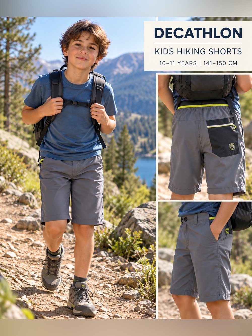 Decathlon Grey Outdoor Explorer Quick Dry Shorts Boys Age 10-11 Hiking